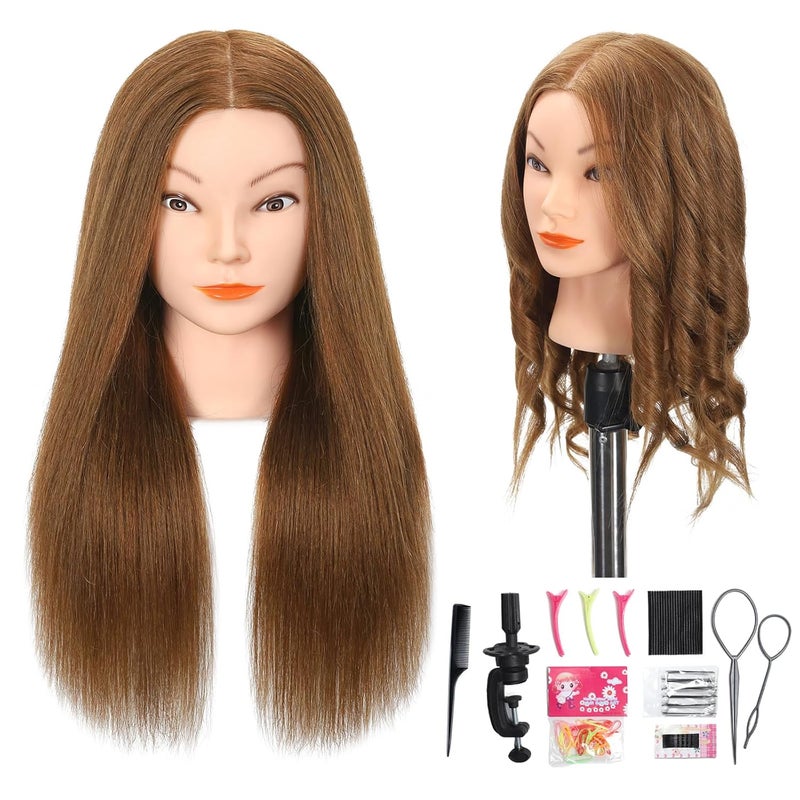 Opini Mannequin Head with 100% Real Human Hair Cosmetology Mannequin Doll Head for Practice Braiding Hairdresser Head with Stand and Tool (#Light Brown) - Image 1